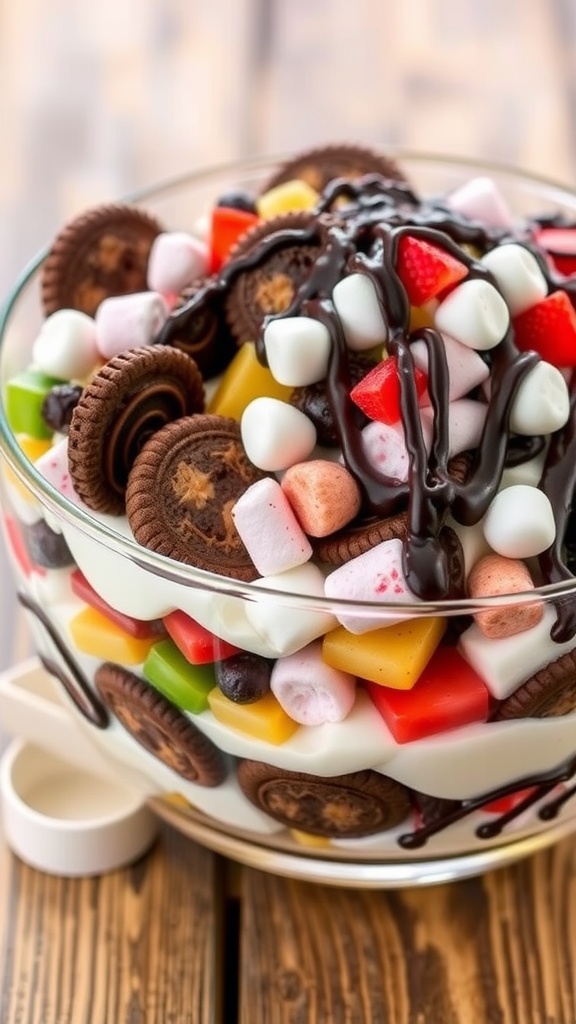 Delicious fudge stripe cookie salad layered with cookies, whipped topping, fruit, and marshmallows in a glass bowl.